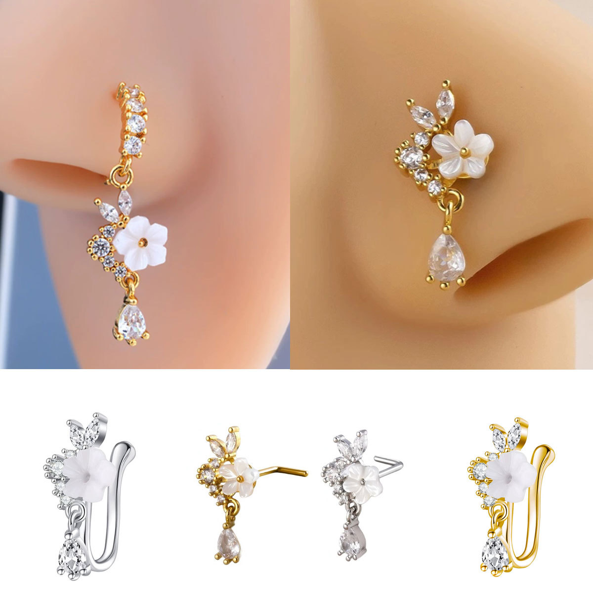 골드 플라워 노즈 링, 댕글 CZ 크리스탈 눈물방울 노 - Body Jewelry Surgical Steel 리뷰 및 가격